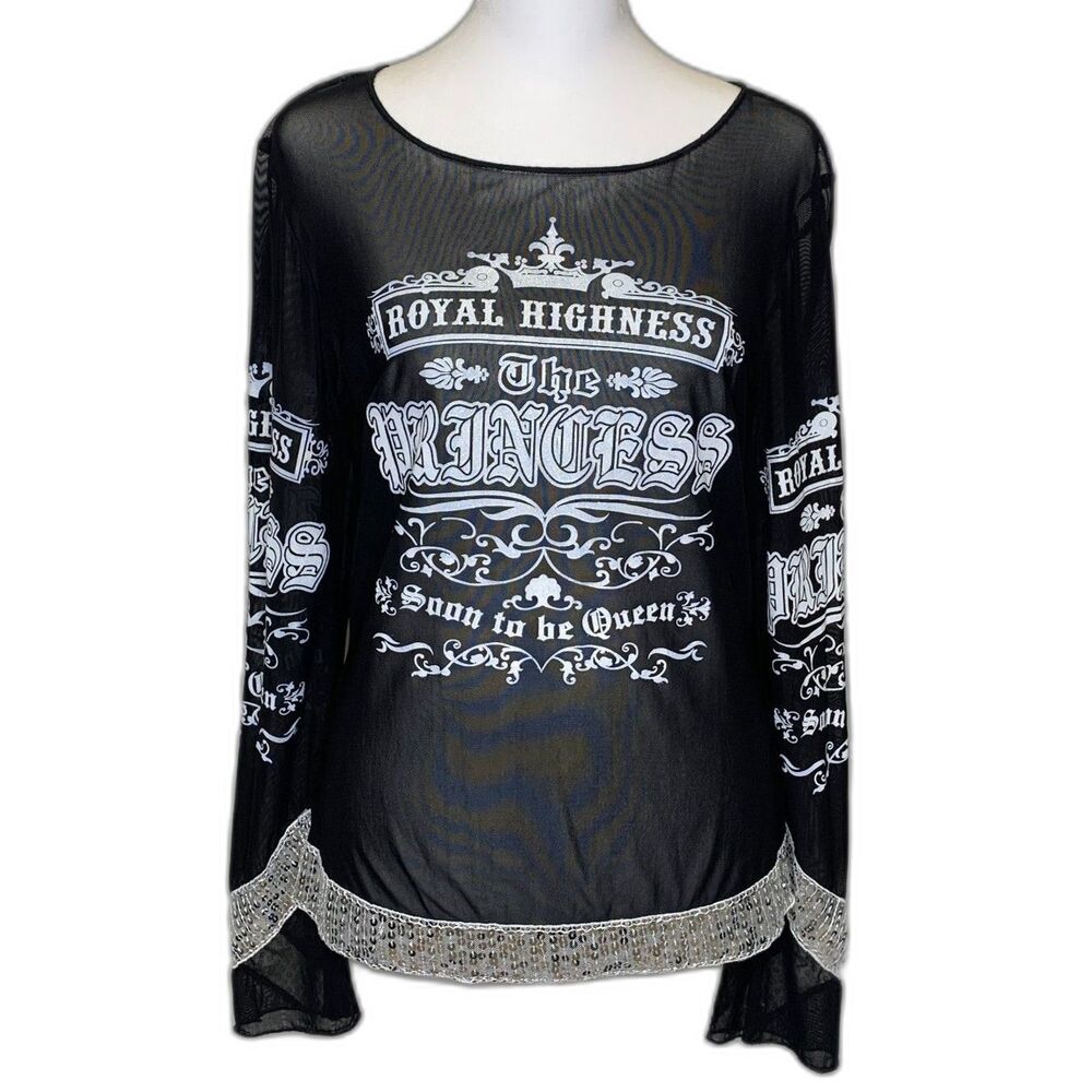 Cache Y2K 90s Royal Highness Princell Spellout Sheer Mesh Sequined Top Medium